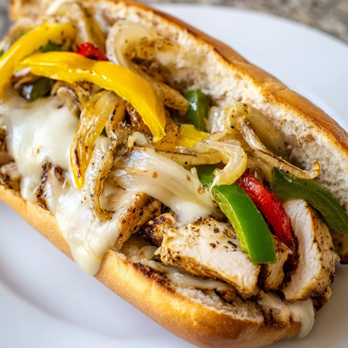 Golden hoagie roll piled high with seasoned chicken, caramelized peppers, onions, and melted provolone cheese