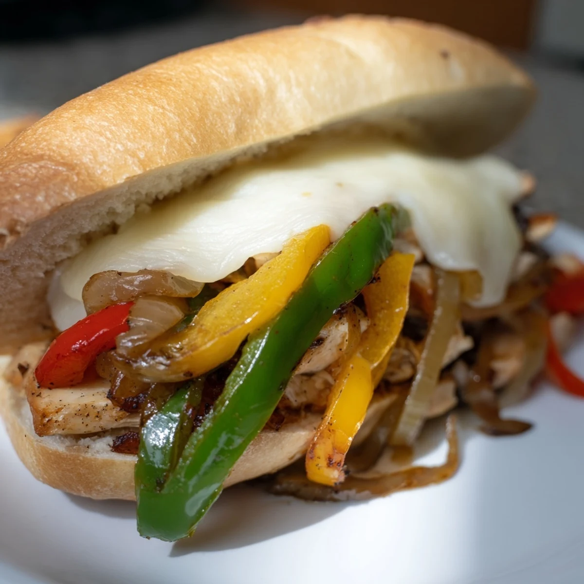 Toasted chicken cheese steak sandwich overflowing with juicy sliced chicken and colorful sautéed bell peppers