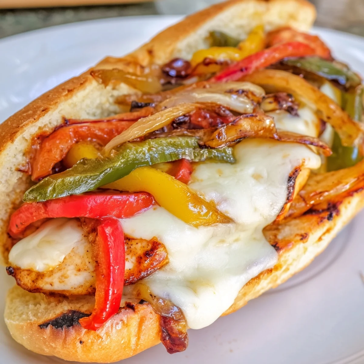 Ultimate chicken cheese steak sandwich featuring tender chicken, vegetables, and gooey cheese on a warm roll