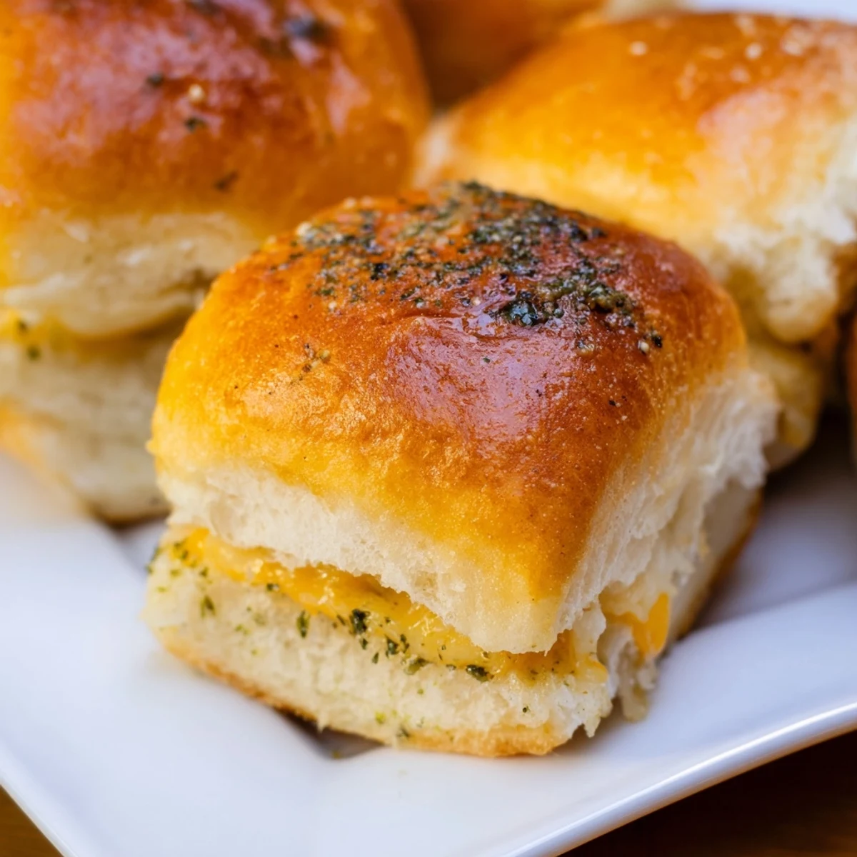 Golden brown mini grilled cheese Hawaiian rolls with melted cheddar cheese oozing from soft sweet bread