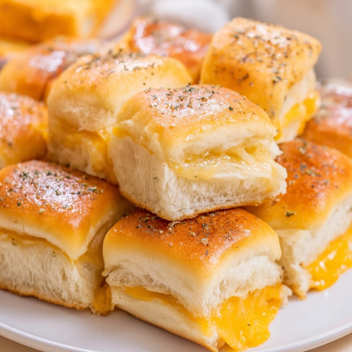 Baked Hawaiian roll sliders stuffed with gooey cheddar cheese and brushed with garlic butter until crispy