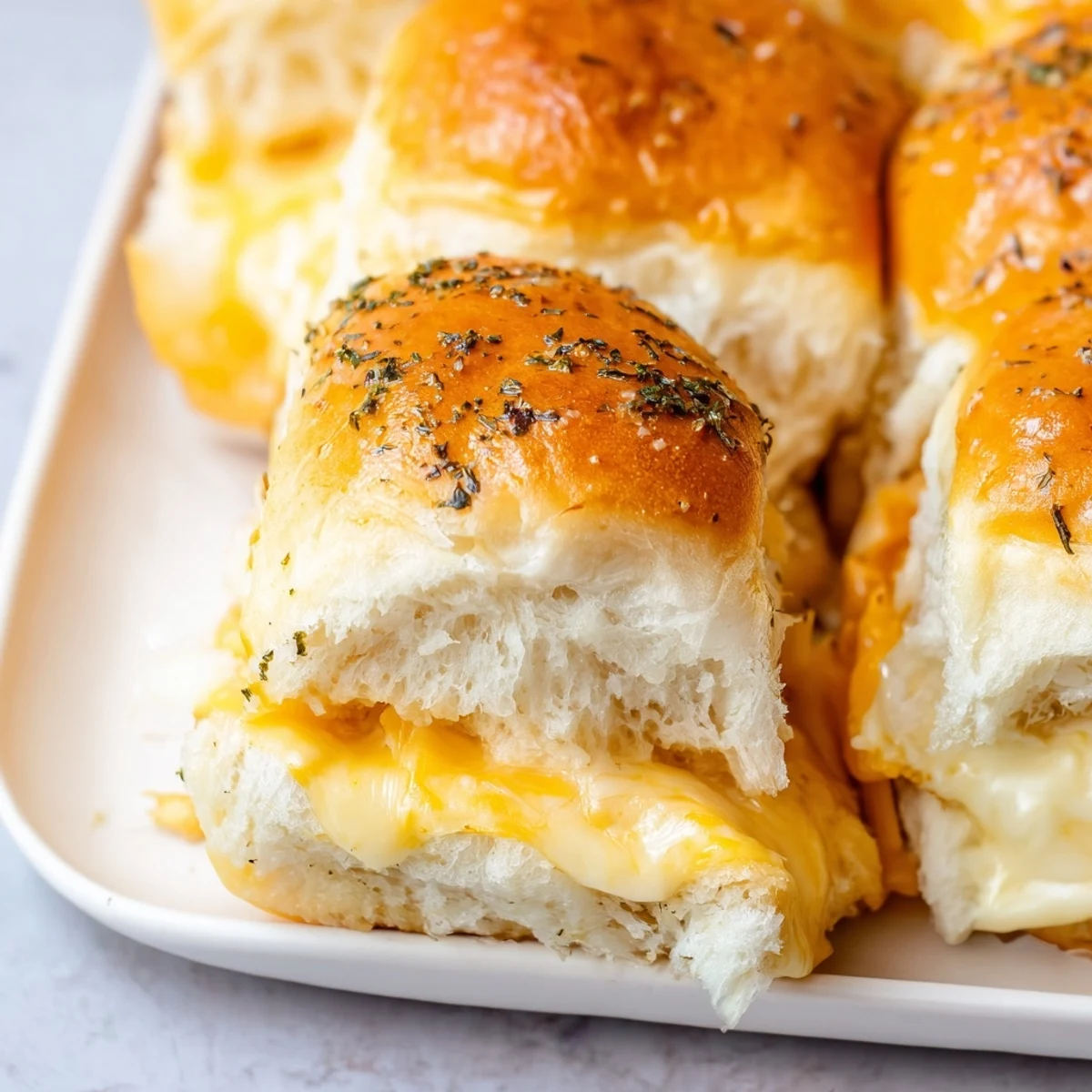 Warm tray of Hawaiian roll grilled cheese sandwiches with golden toasted tops and stretchy melted cheese center