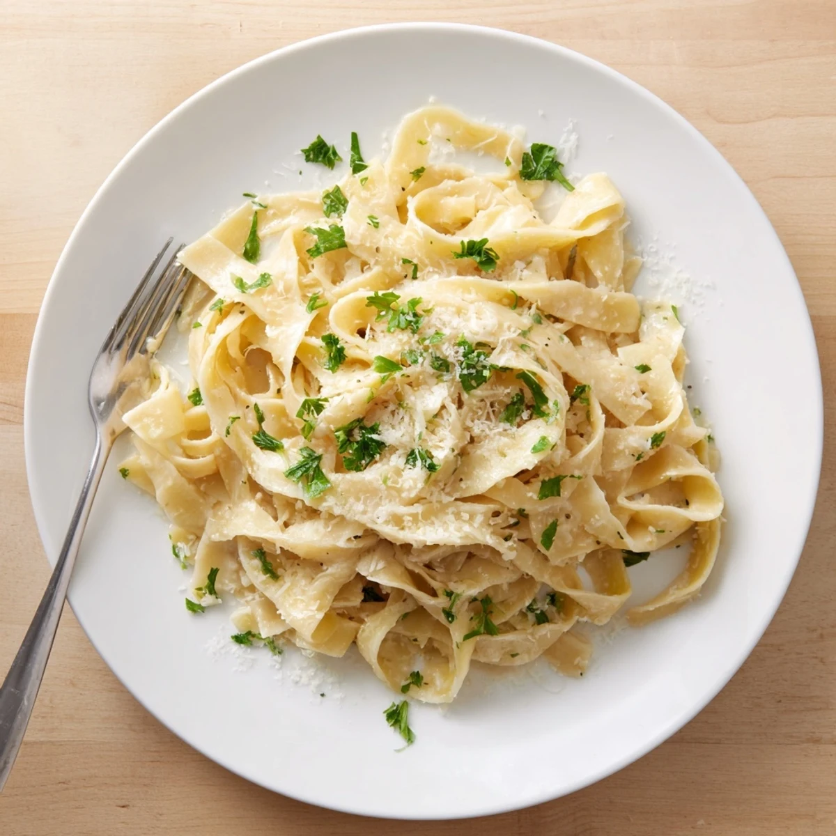 Creamy fettuccine Alfredo tossed in rich Parmesan butter sauce with fresh parsley garnish