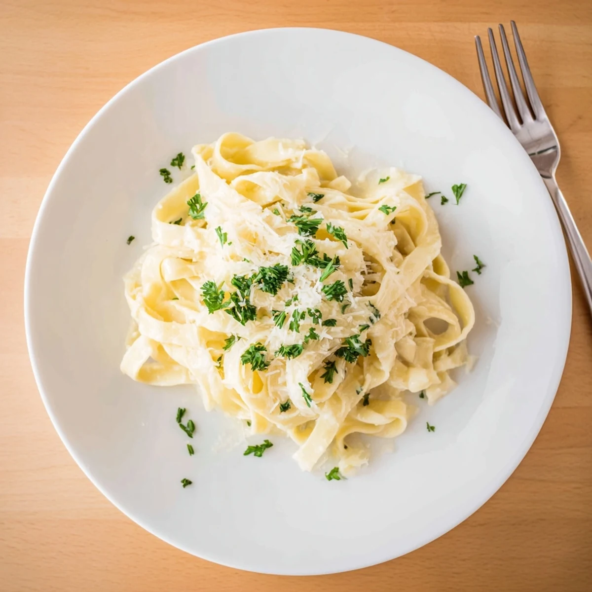 Steaming bowl of ultimate creamy fettuccine Alfredo sprinkled with grated Parmesan and green parsley