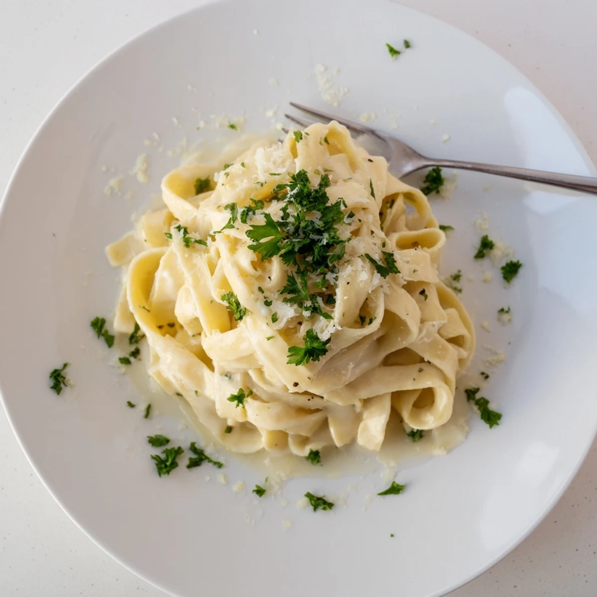 Golden fettuccine pasta coated in silky white cheese sauce on a rustic dinner plate