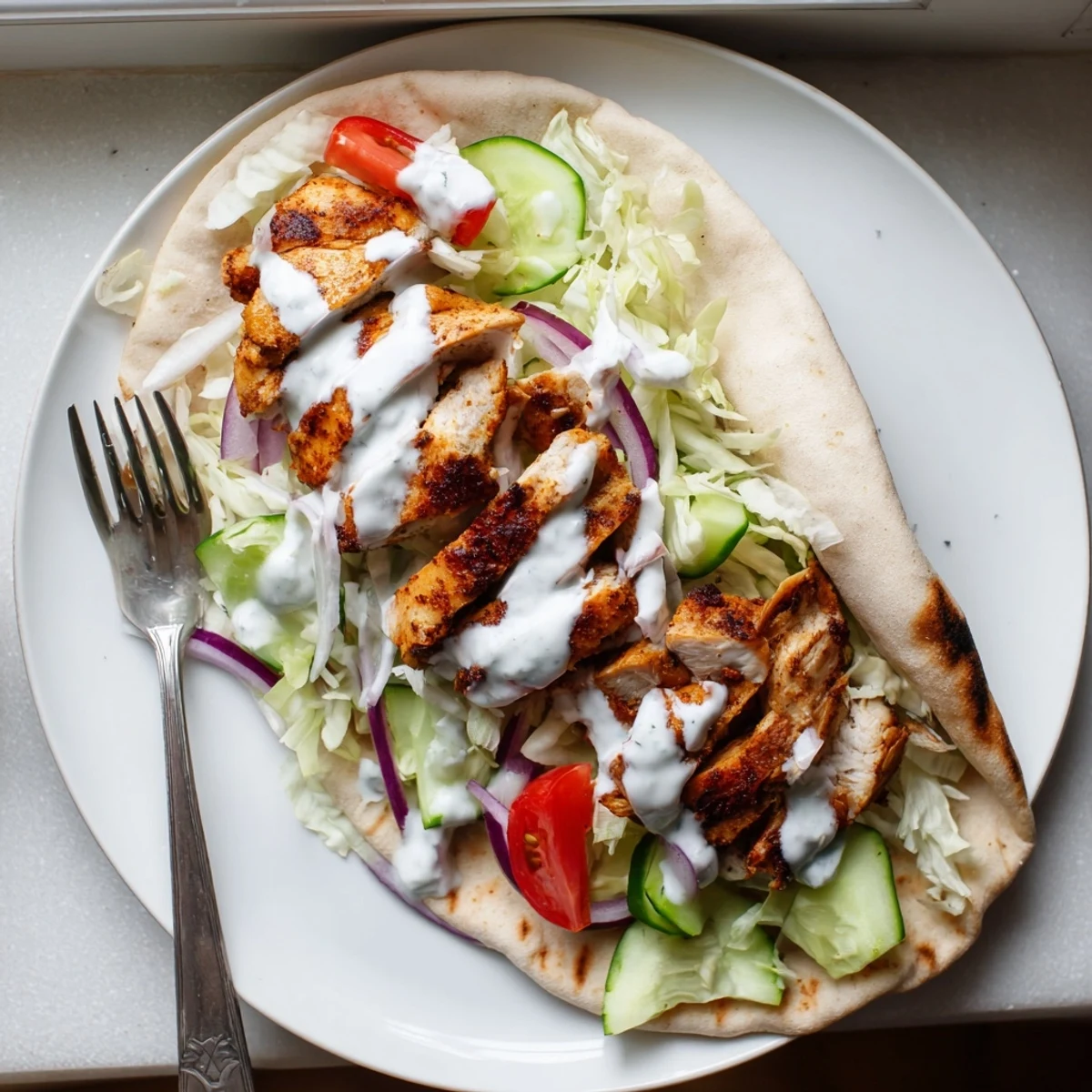 Juicy spiced chicken shawarma wrapped in warm pita with fresh vegetables and creamy garlic sauce