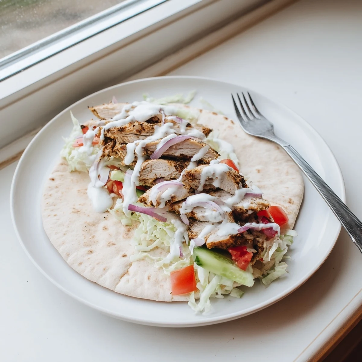 Sliced chicken shawarma spiced with cumin and coriander served over crisp lettuce and tomatoes in pita
