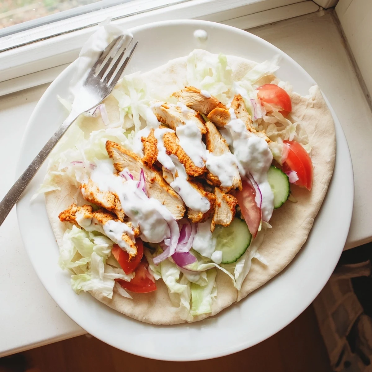 Golden chicken shawarma with aromatic Middle Eastern spices layered in pita bread with tangy white sauce