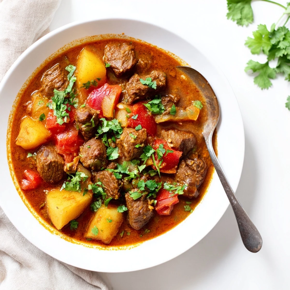 Tender slow cooker Indian beef curry served over steamed white rice with fresh cilantro garnish