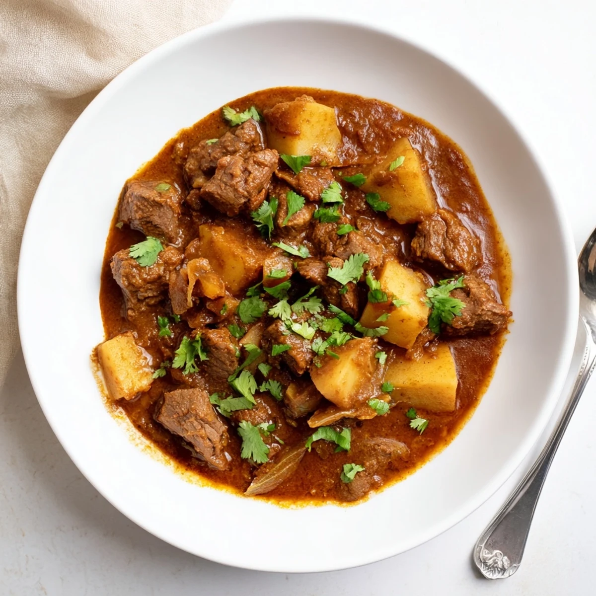 Hearty slow cooker Indian beef curry with potatoes and rich gravy garnished with green cilantro