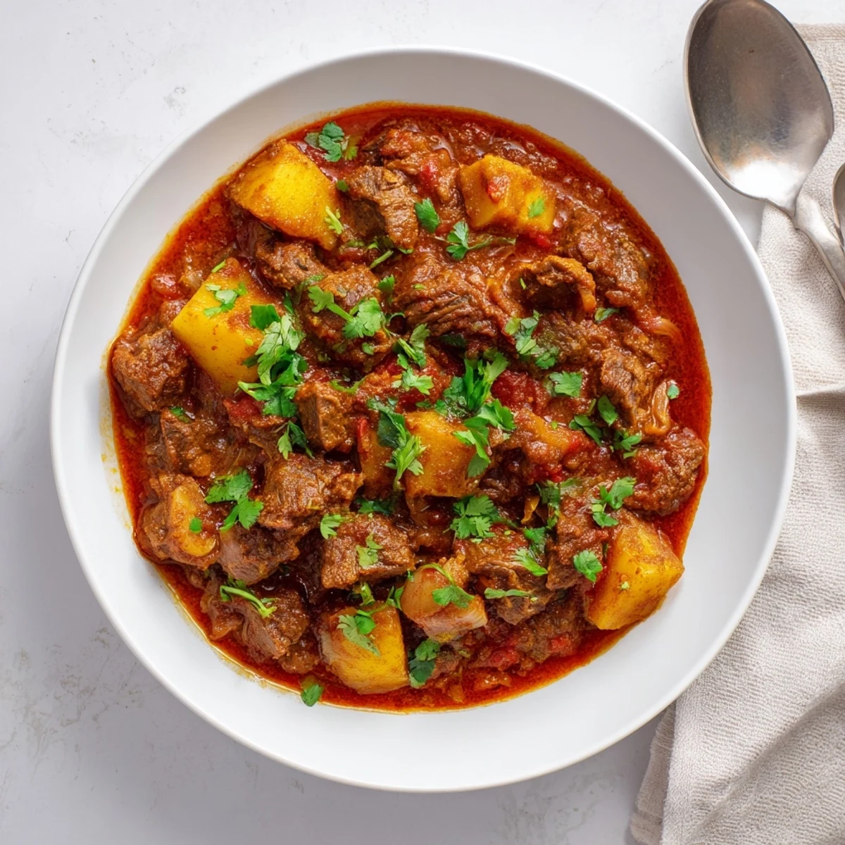 Savory slow cooker Indian beef curry featuring tender beef chunks in aromatic spiced coconut sauce