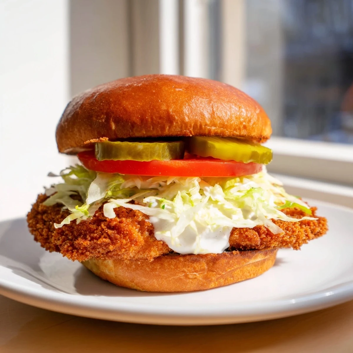 Golden brown crispy fried spicy chicken sandwich with creamy sauce on toasted brioche bun