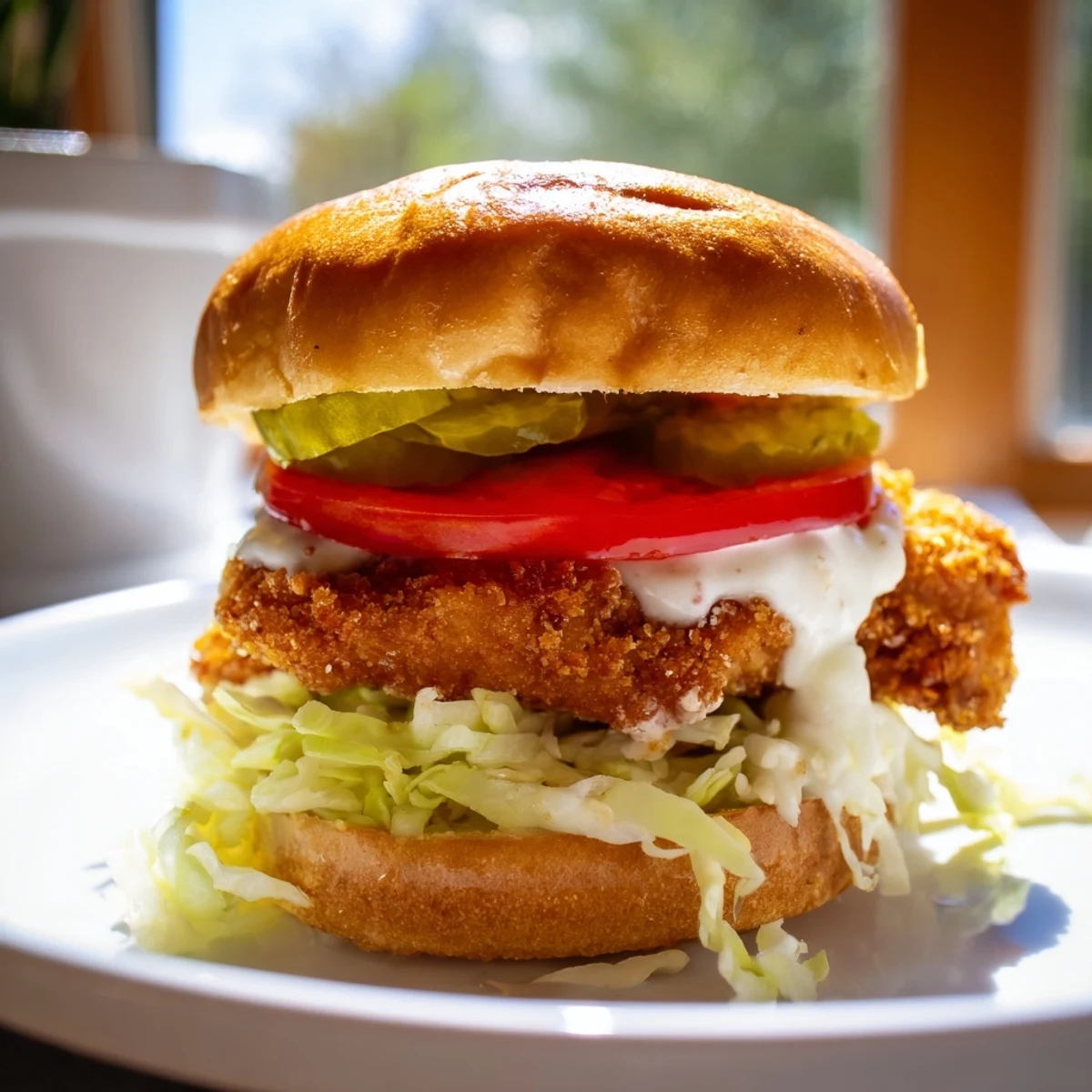 Stacked spicy chicken sandwich featuring juicy breast, crisp lettuce, and tangy homemade sauce
