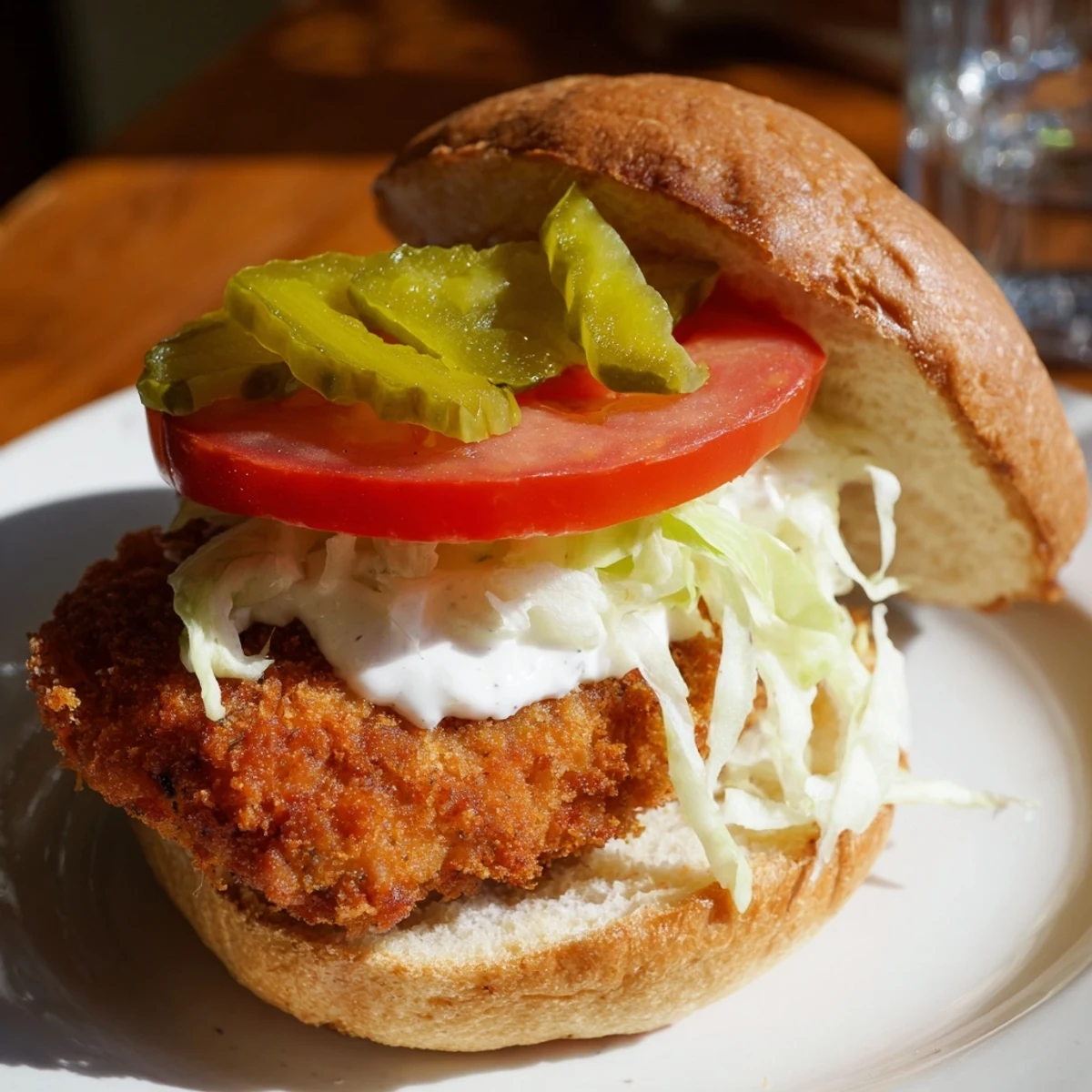 Homemade spicy chicken sandwich with pickles and tomatoes drizzled with cool creamy dressing