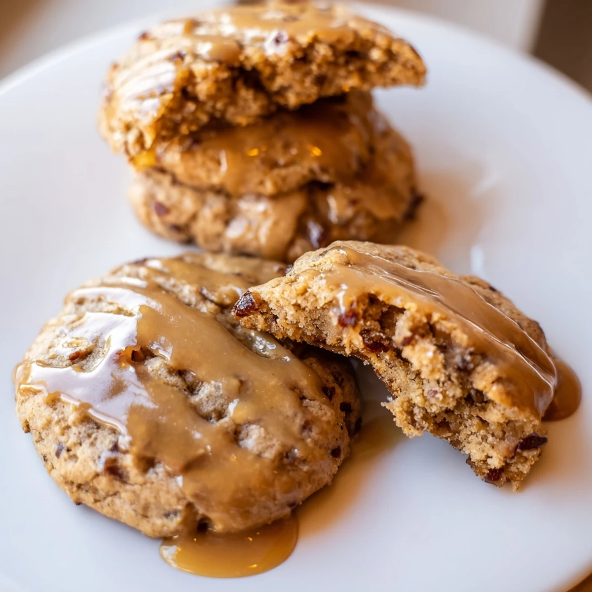 Soft golden brown sticky toffee pudding cookies drizzled with warm caramel glaze on a white plate