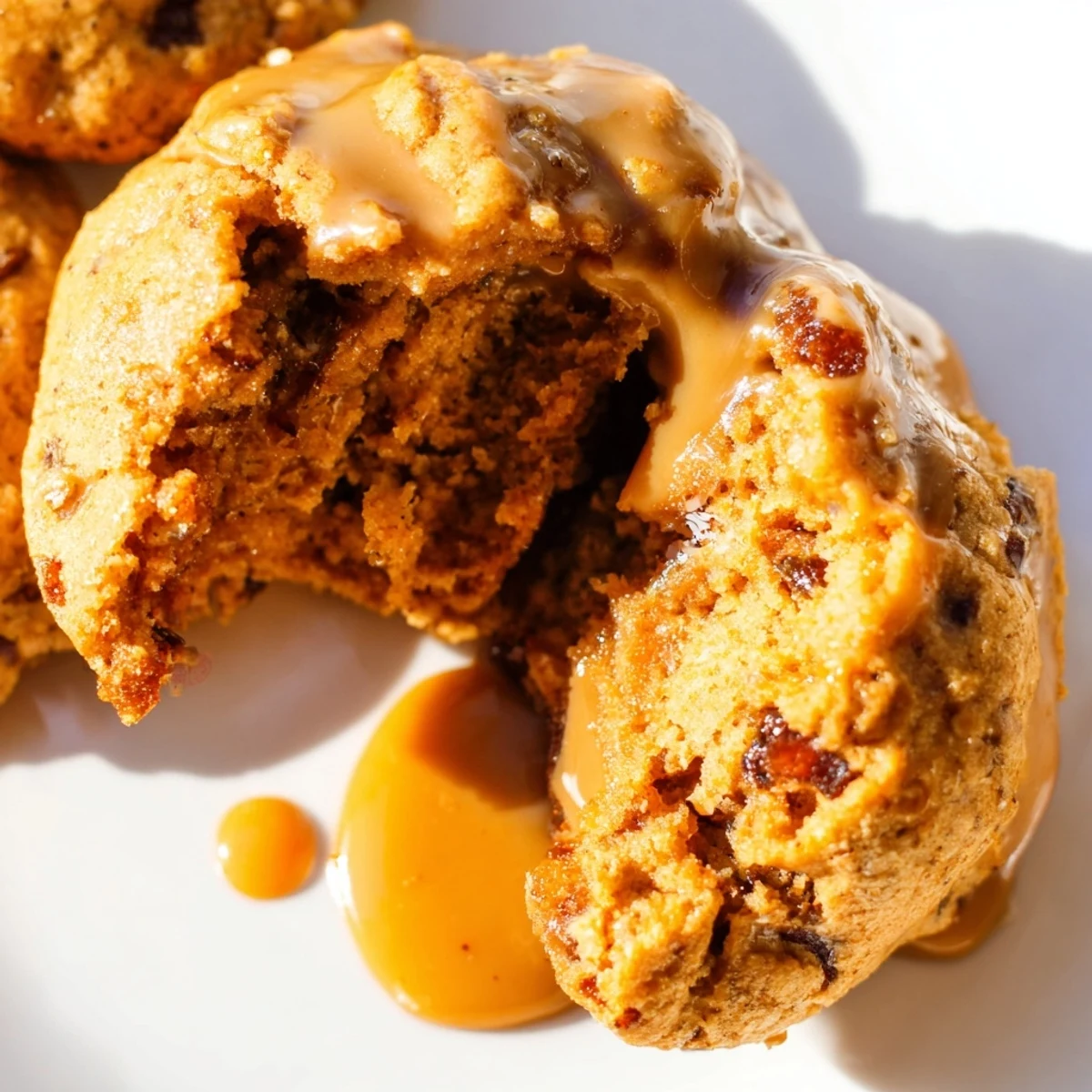 Homemade sticky toffee pudding cookies with rich brown sugar flavor and buttery toffee glaze dripping down sides