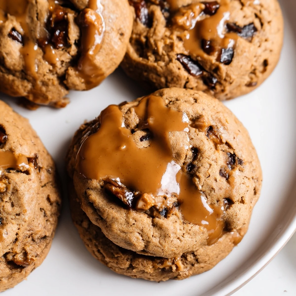 Chewy date-filled sticky toffee pudding cookies stacked on a wooden cutting board with glossy toffee topping