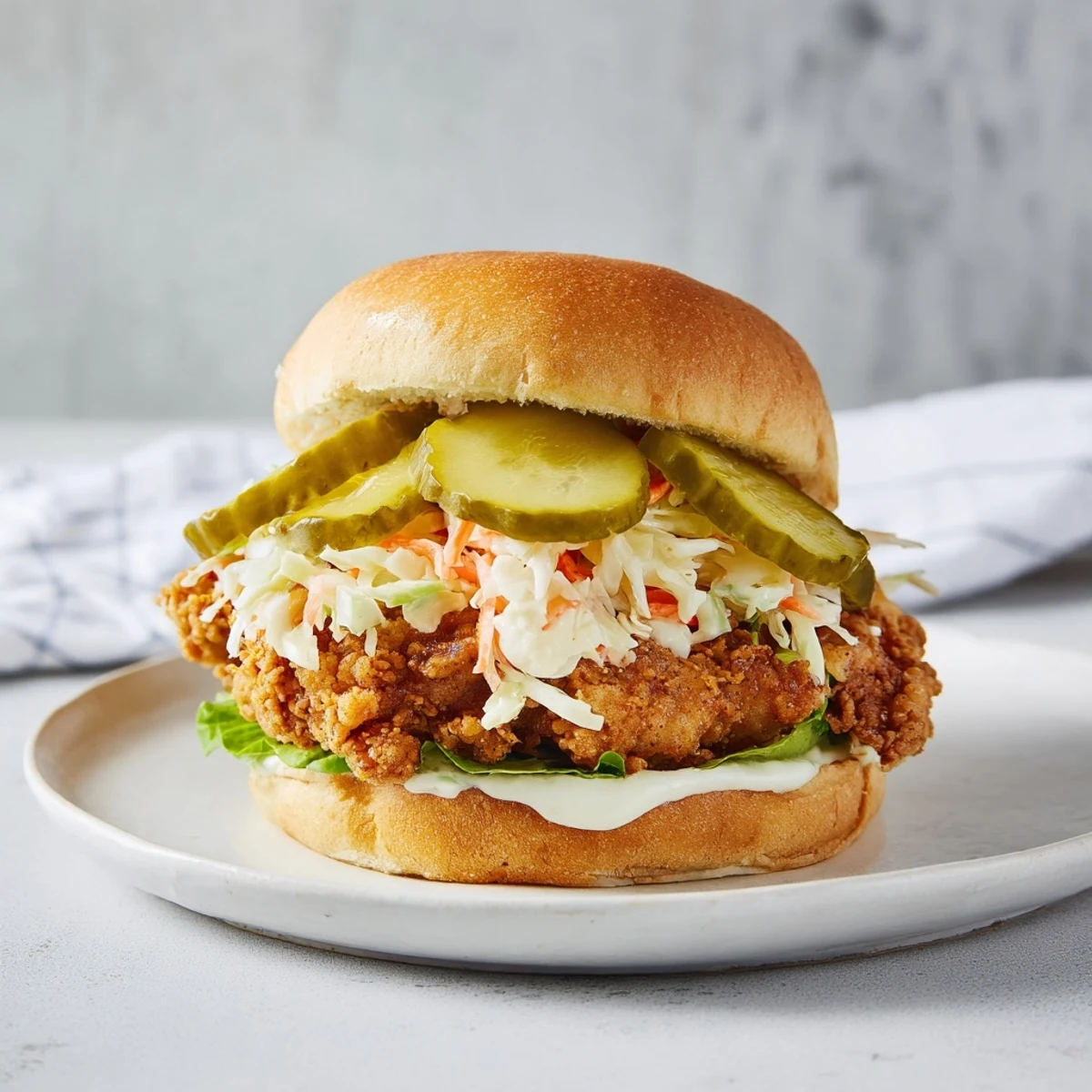 Golden brown Southern fried chicken burger topped with tangy cabbage slaw and crisp pickles on a toasted bun