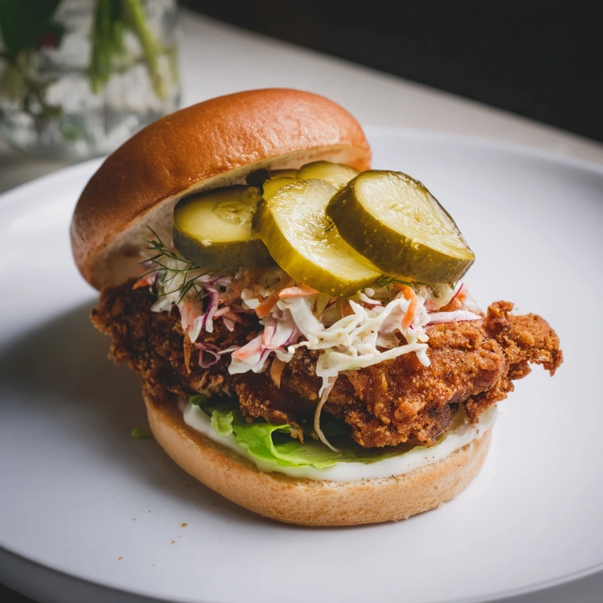 Crispy buttermilk fried chicken thigh piled high with creamy coleslaw and dill pickles in a soft sesame seed bun