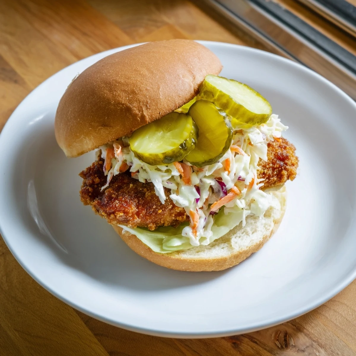 Homemade Southern fried chicken burger featuring juicy spiced chicken fillet with fresh slaw and pickles on a warm bakery bun