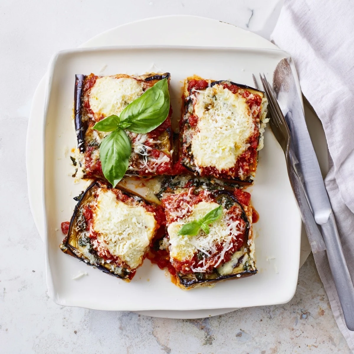 Italian vegetarian casserole featuring eggplant slices sandwiched between ricotta and golden mozzarella cheese
