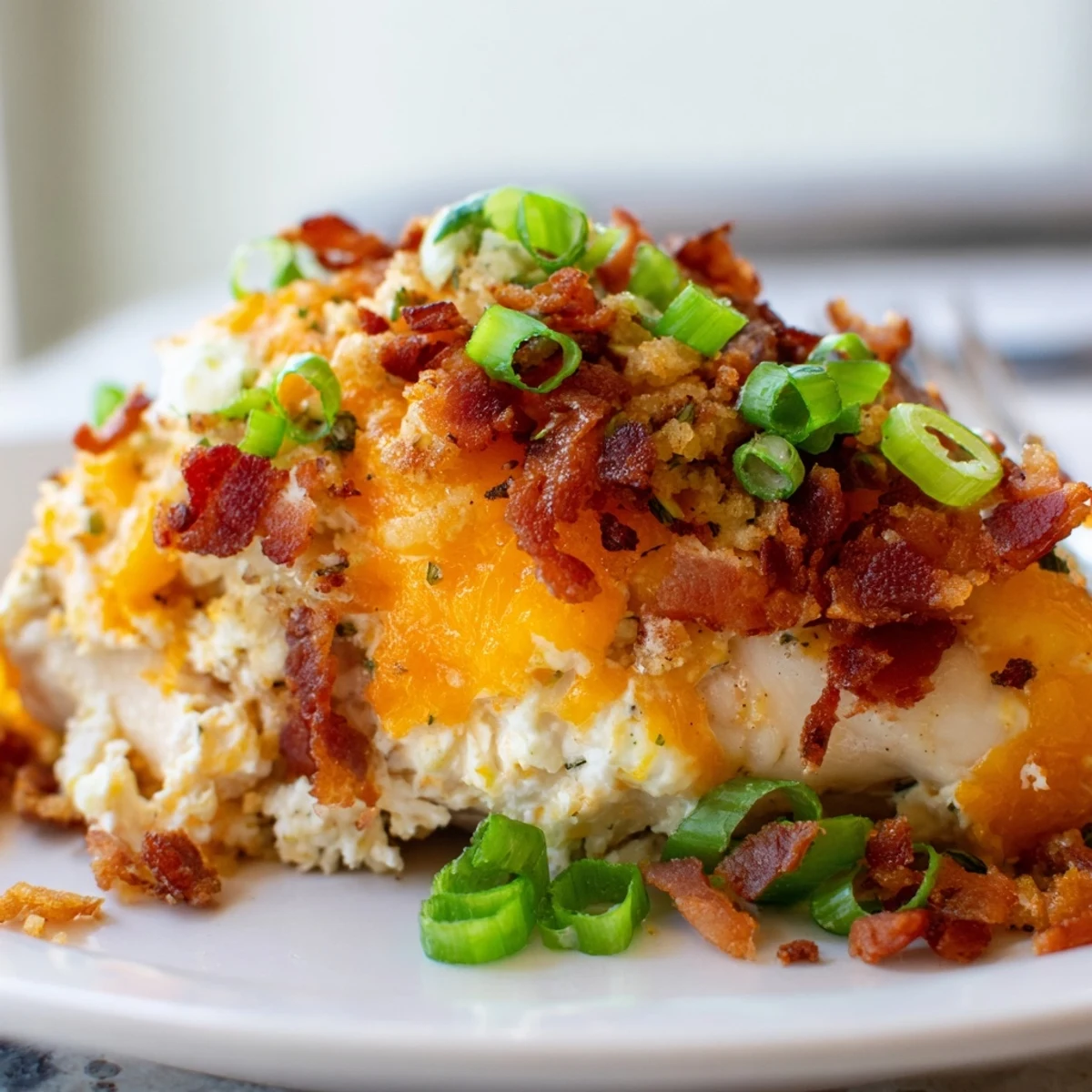 Golden baked crack chicken topped with crispy bacon and melted cheddar cheese in a white baking dish