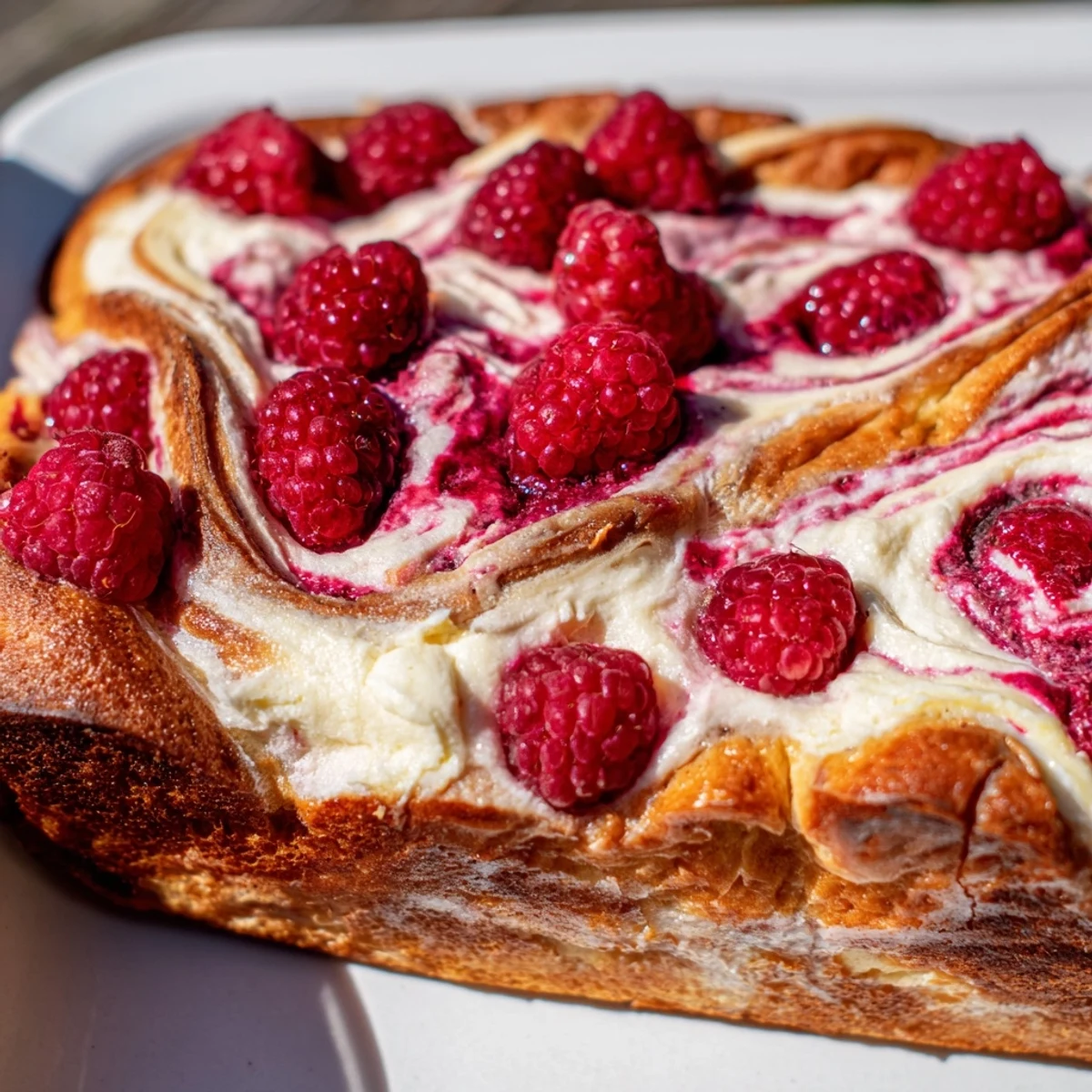 Golden brown sweet and tangy raspberry cheesecake sourdough focaccia drizzled with olive oil and dotted with bright red raspberries