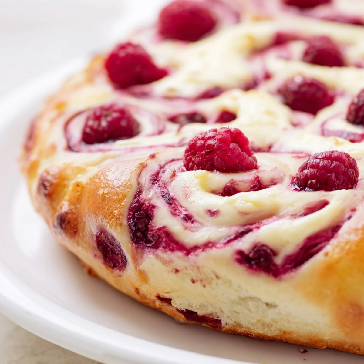 Fluffy sourdough focaccia swirled with creamy cheesecake topping and fresh raspberries on a rustic wooden board
