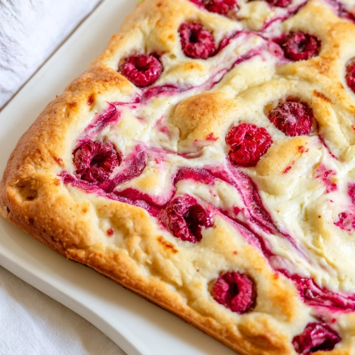 Airy sweet and tangy raspberry cheesecake sourdough focaccia with golden dimpled crust and vibrant ruby raspberry bursts