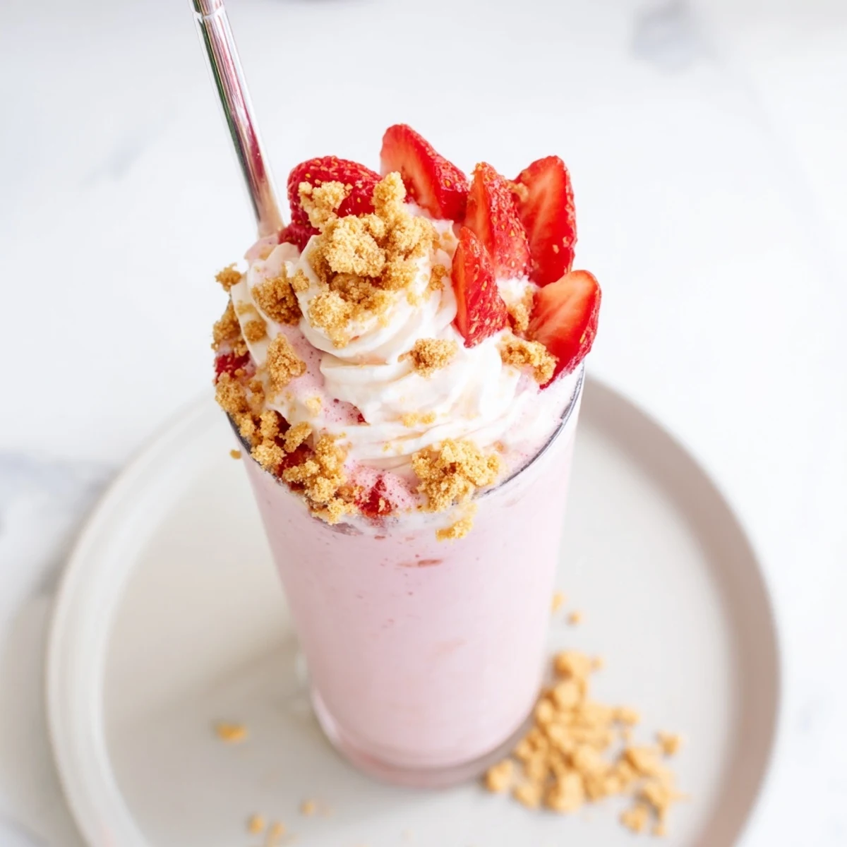 Creamy strawberry cheesecake milkshake garnished with crushed graham crackers in chilled glass