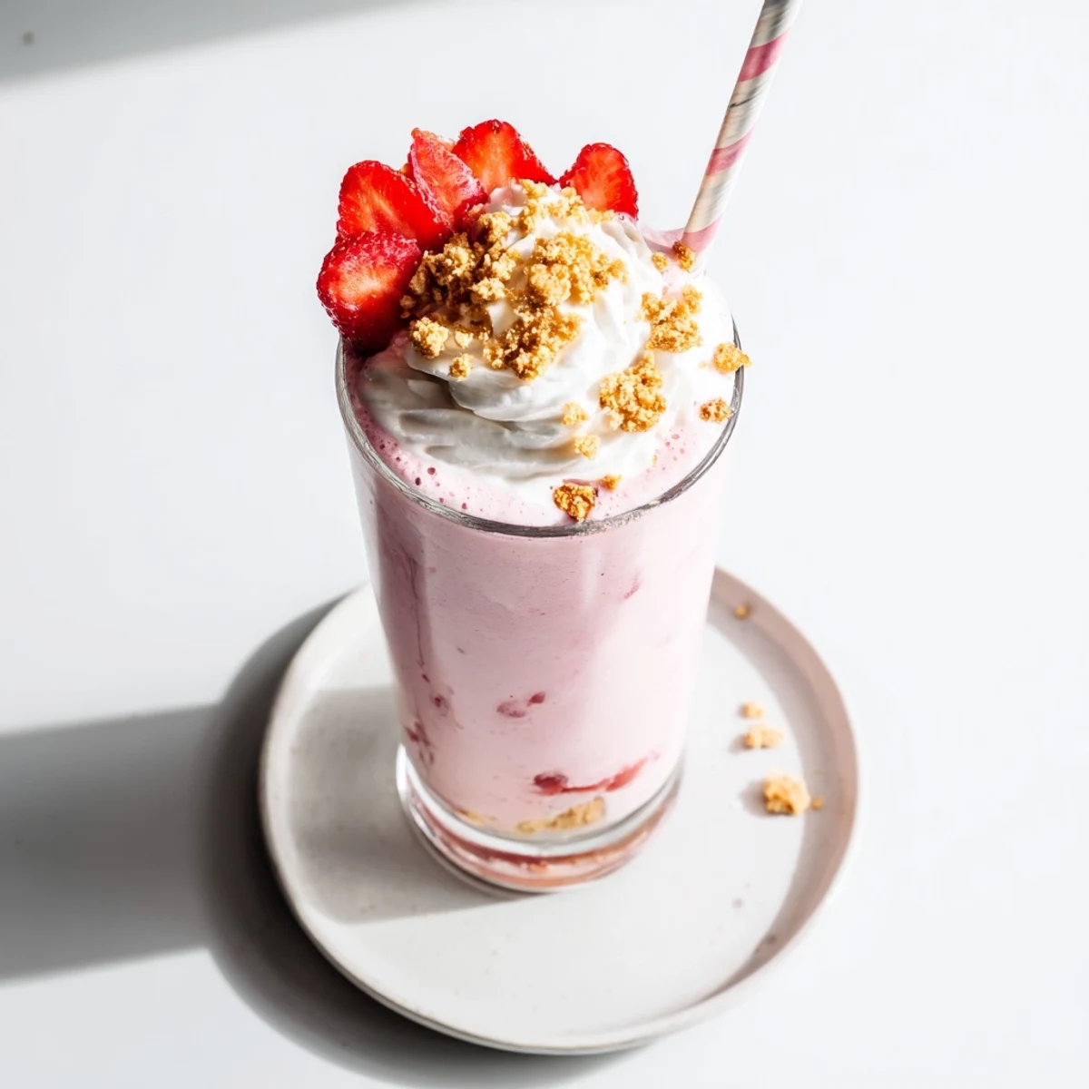 Thick strawberry cheesecake milkshake topped with whipped cream and fresh strawberry slices