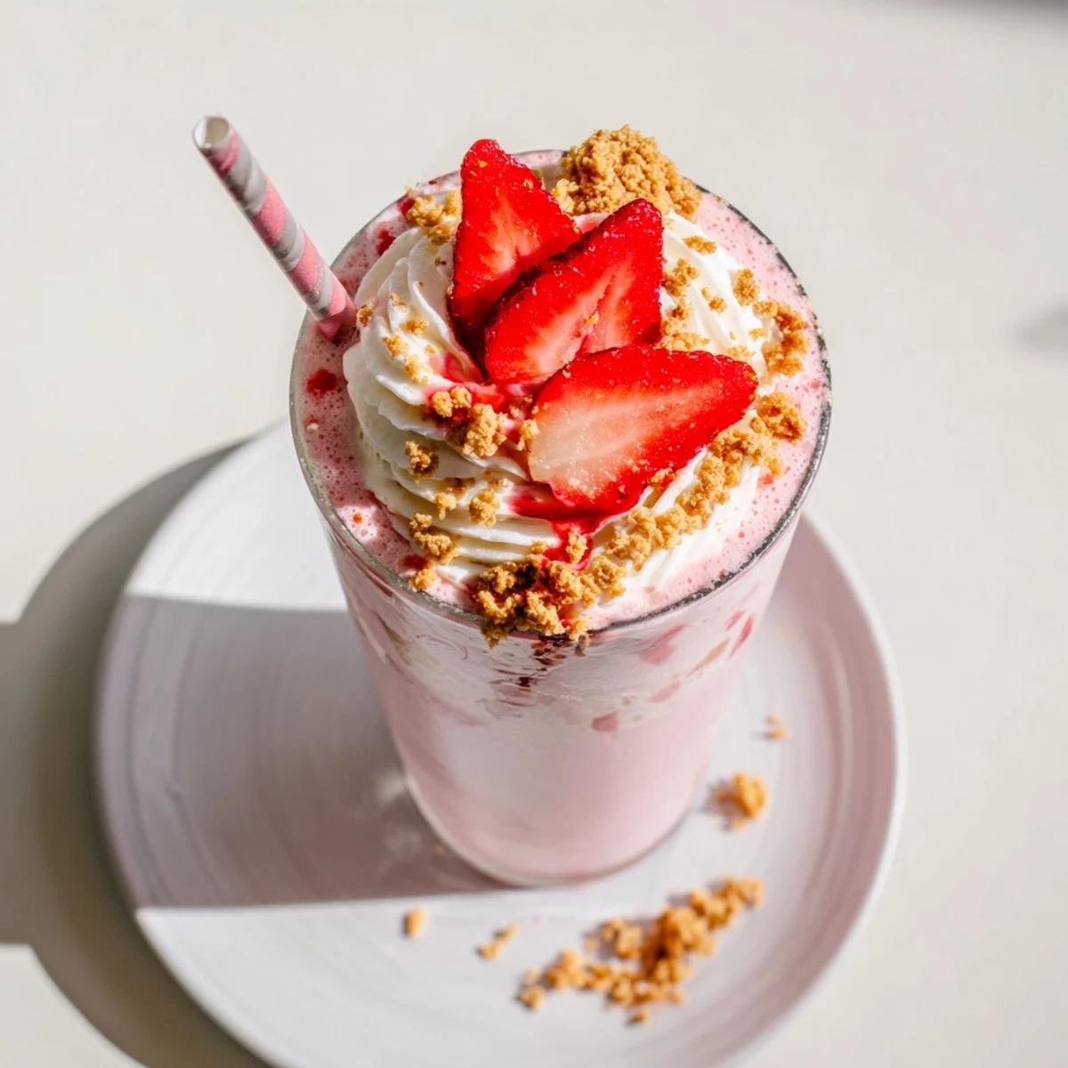 Rich pink strawberry cheesecake milkshake blended with fresh strawberries and vanilla ice cream