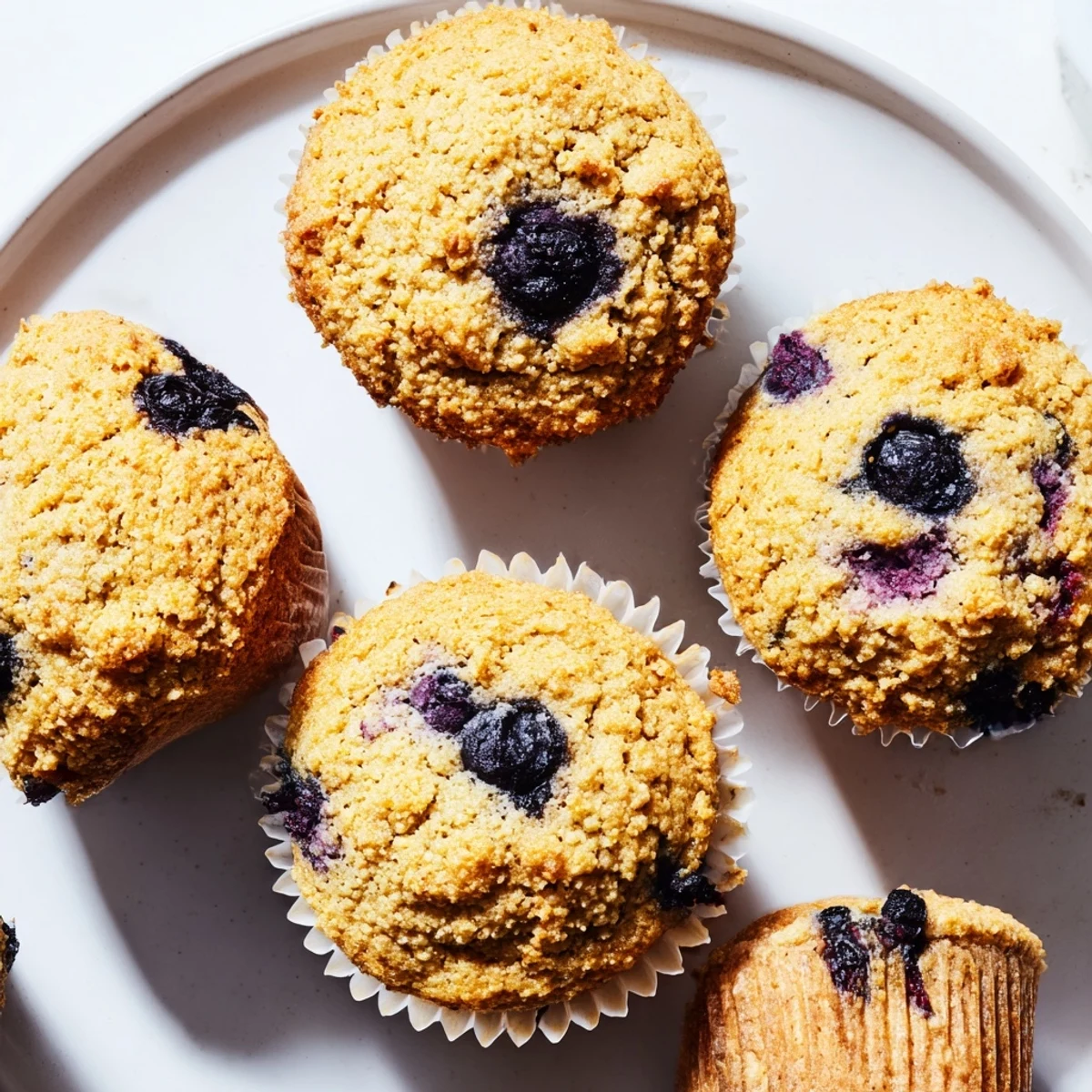 Golden almond flour blueberry muffins with Greek yogurt bursting with fresh juicy berries