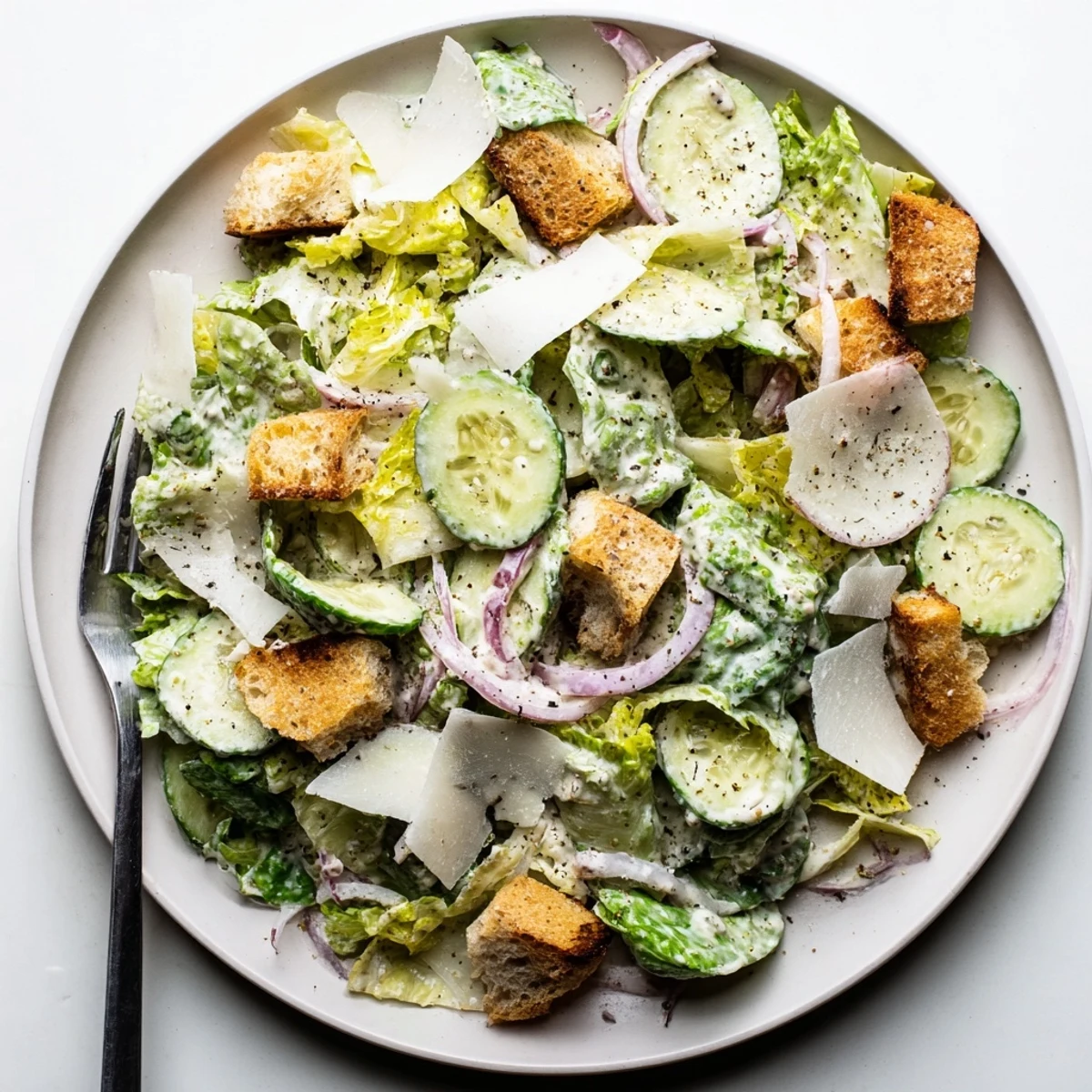 Fresh cucumber Caesar salad with crisp romaine, golden croutons, and creamy parmesan dressing
