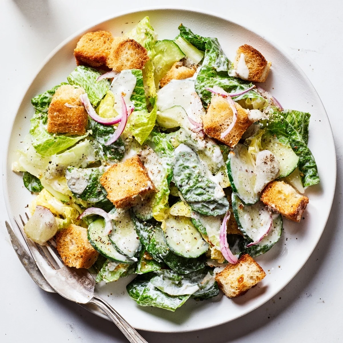 Bowl of refreshing cucumber Caesar salad topped with crunchy homemade croutons and shaved parmesan