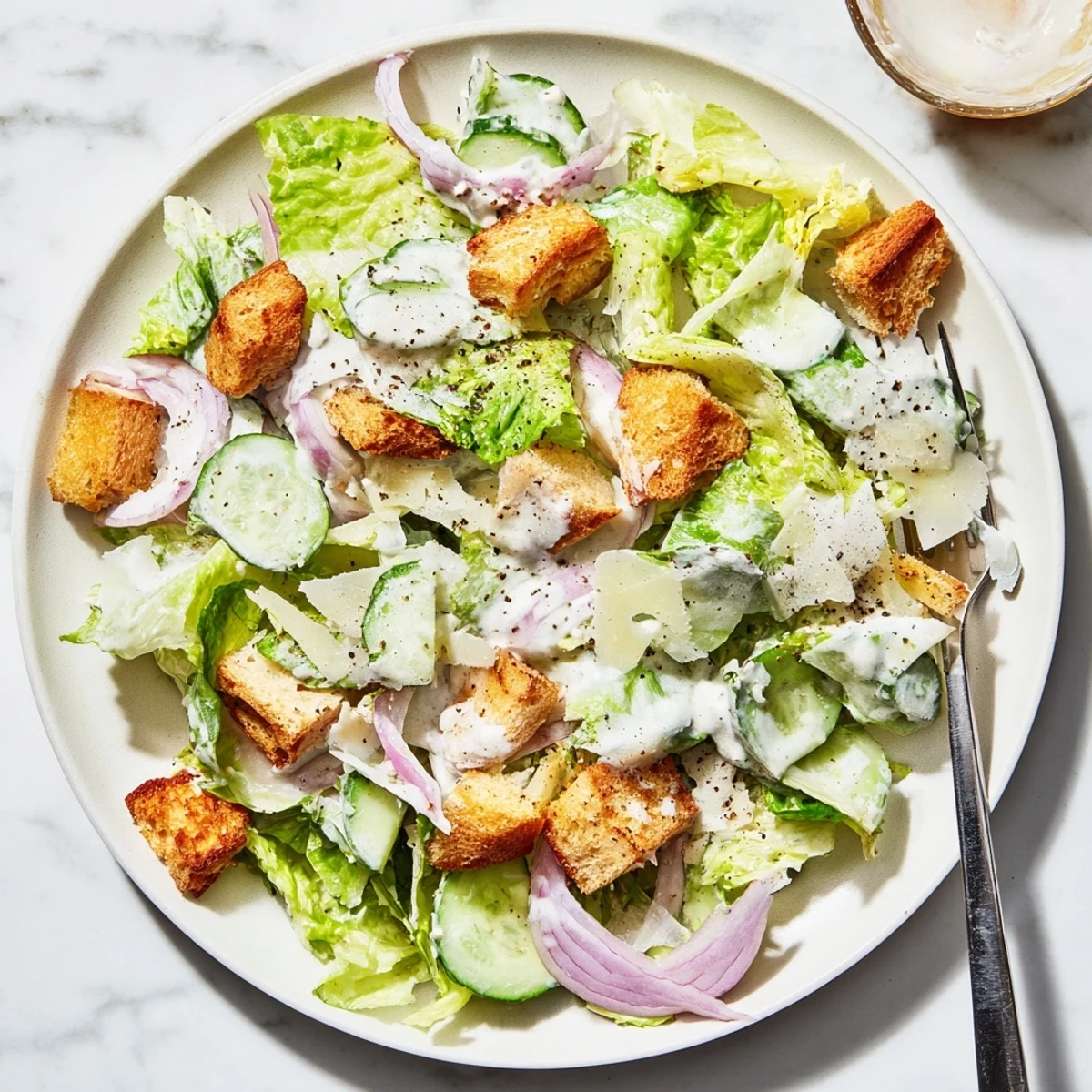 Crisp cucumber Caesar salad tossed in tangy homemade dressing with golden baked croutons