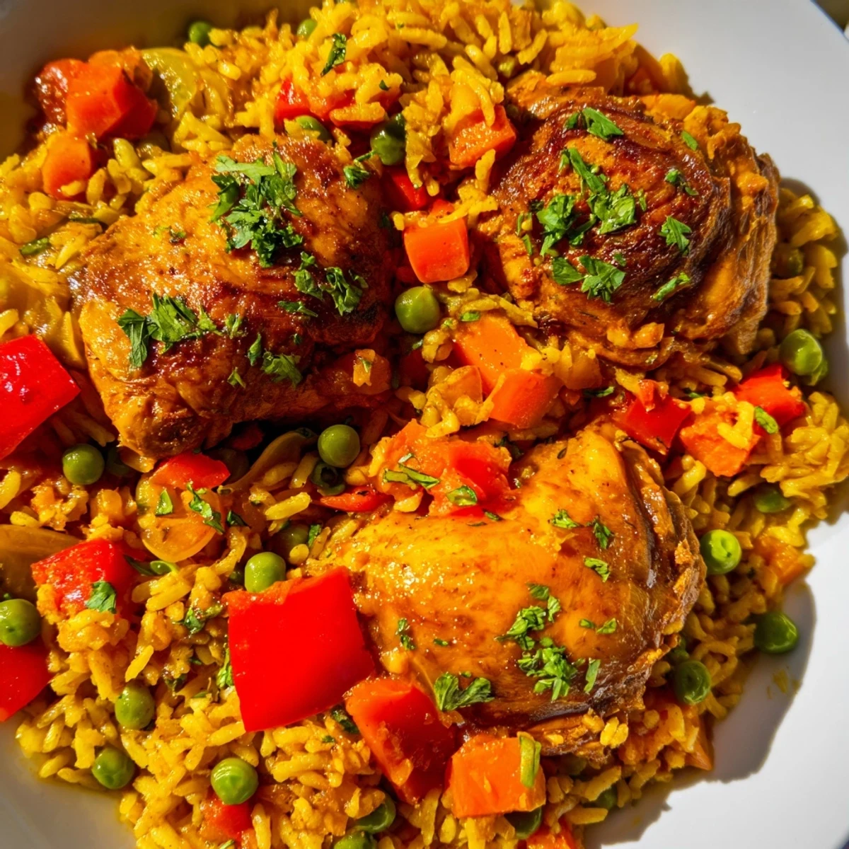 Golden chicken pieces simmered with spiced rice and colorful vegetables in this one pot shawarma chicken and rice