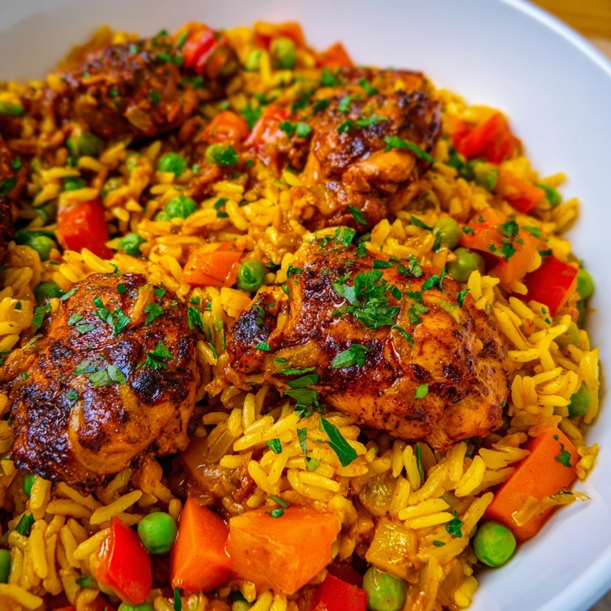 Steamy skillet of Middle Eastern style one pot shawarma chicken and rice topped with fresh parsley and tender vegetables