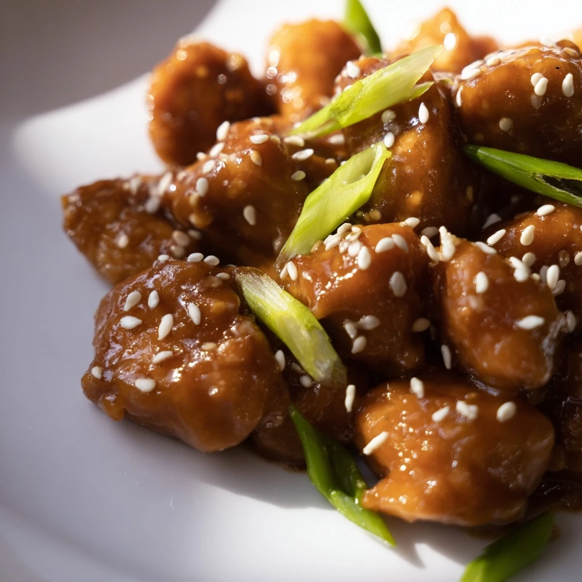 Golden Mongolian Chicken pieces glazed in rich brown garlic ginger sauce over white rice