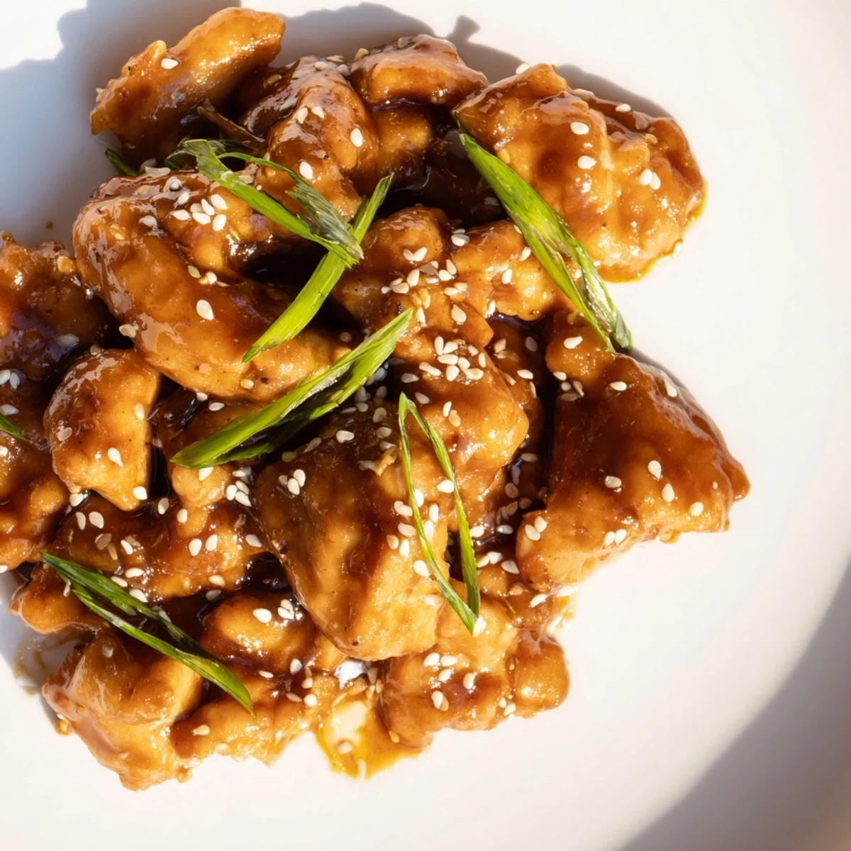 Mongolian Chicken skillet featuring crispy coated strips in thick caramelized Asian-style sauce with sesame garnish