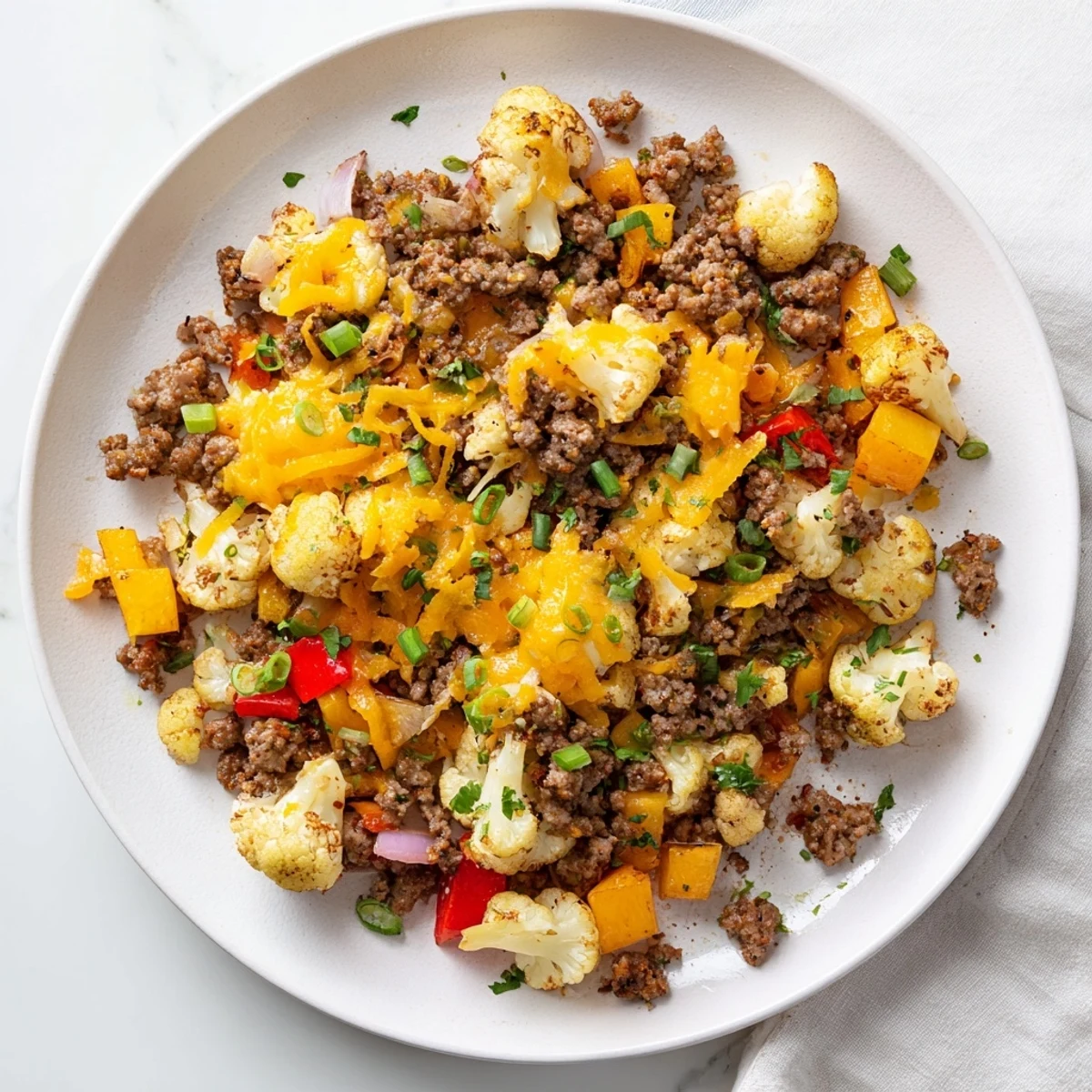Golden skillet of cauliflower and ground beef hash with melted cheddar and fresh green onions