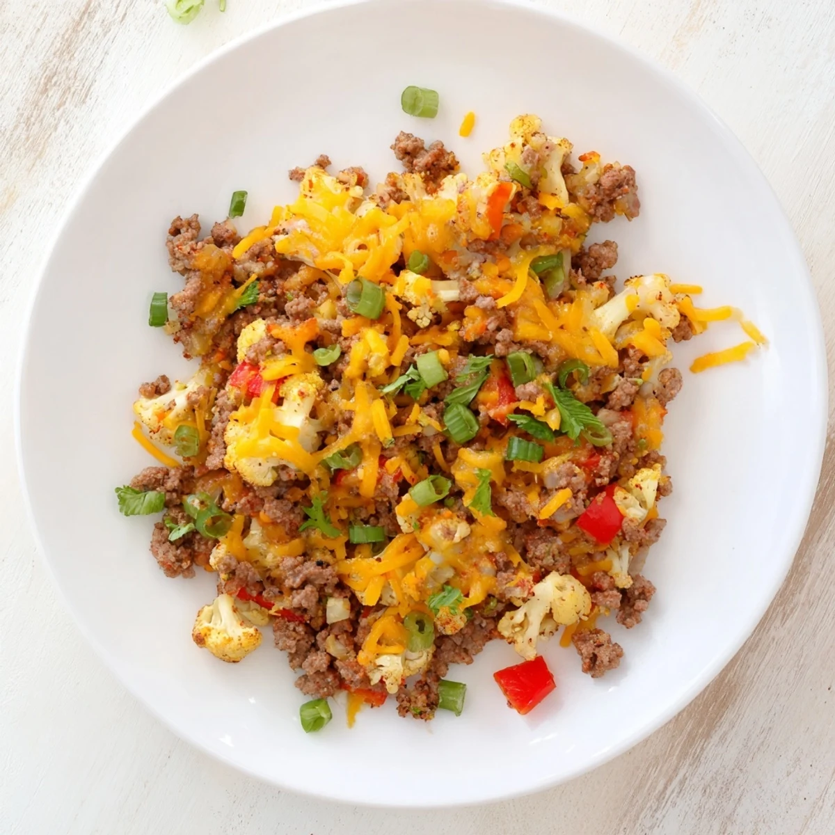 Savory low-carb cauliflower and ground beef hash served in a cast iron skillet with parsley garnish