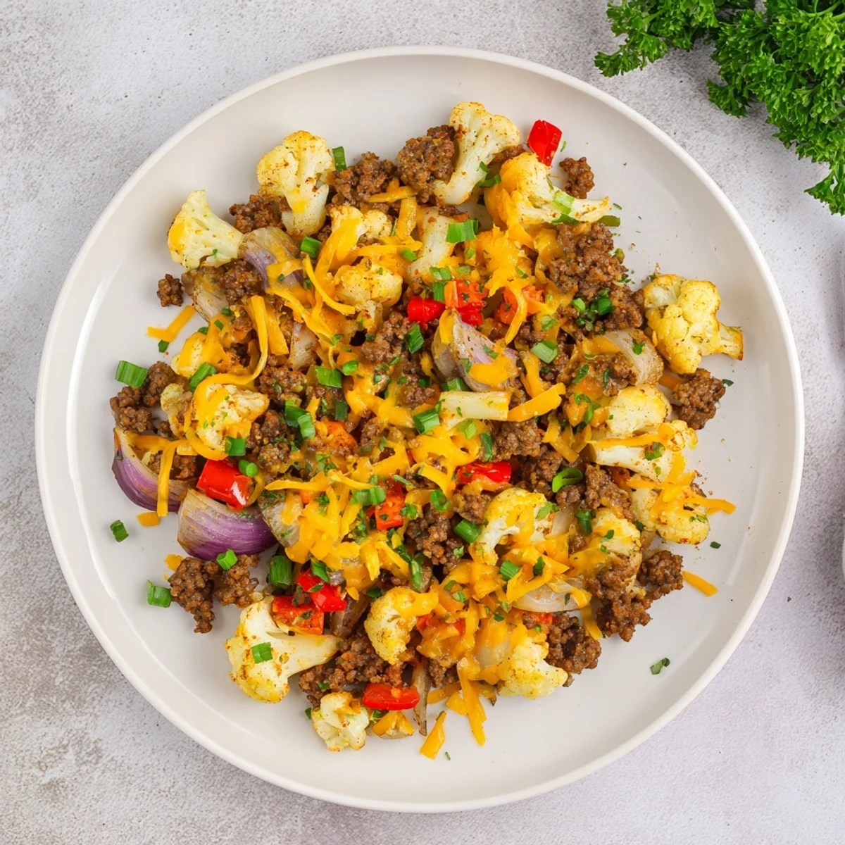 Hearty cauliflower and ground beef hash featuring tender florets, seasoned beef, and colorful red bell peppers