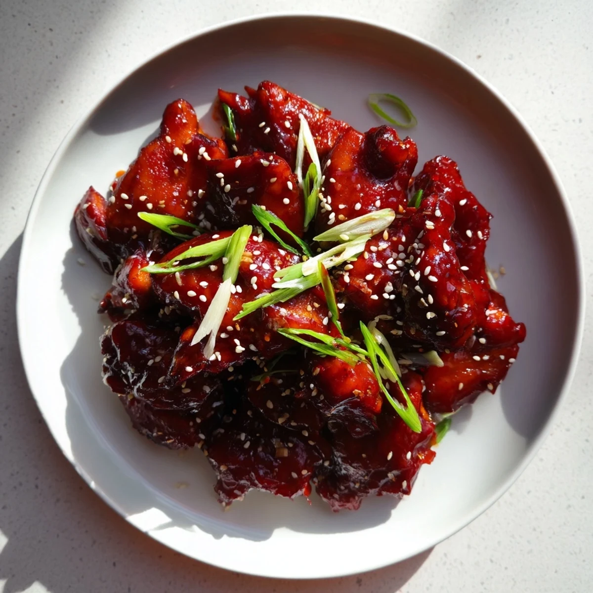 Golden glazed gochujang chicken pieces garnished with green onions and sesame seeds