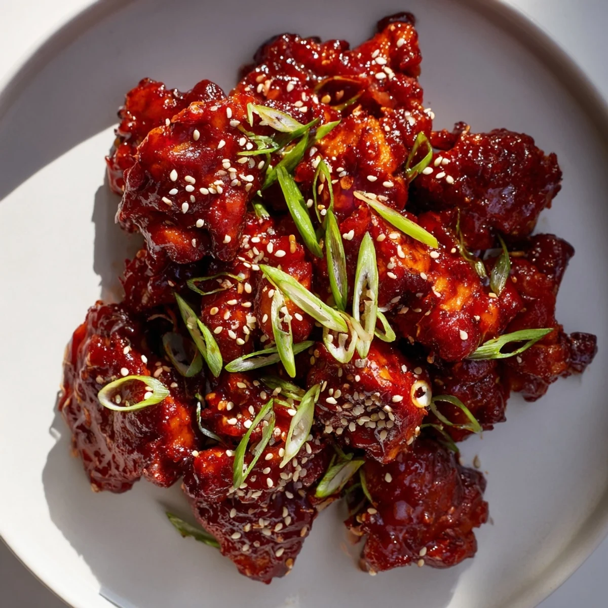 Tender Korean spicy chicken thighs caramelized in rich red chili sauce on plate