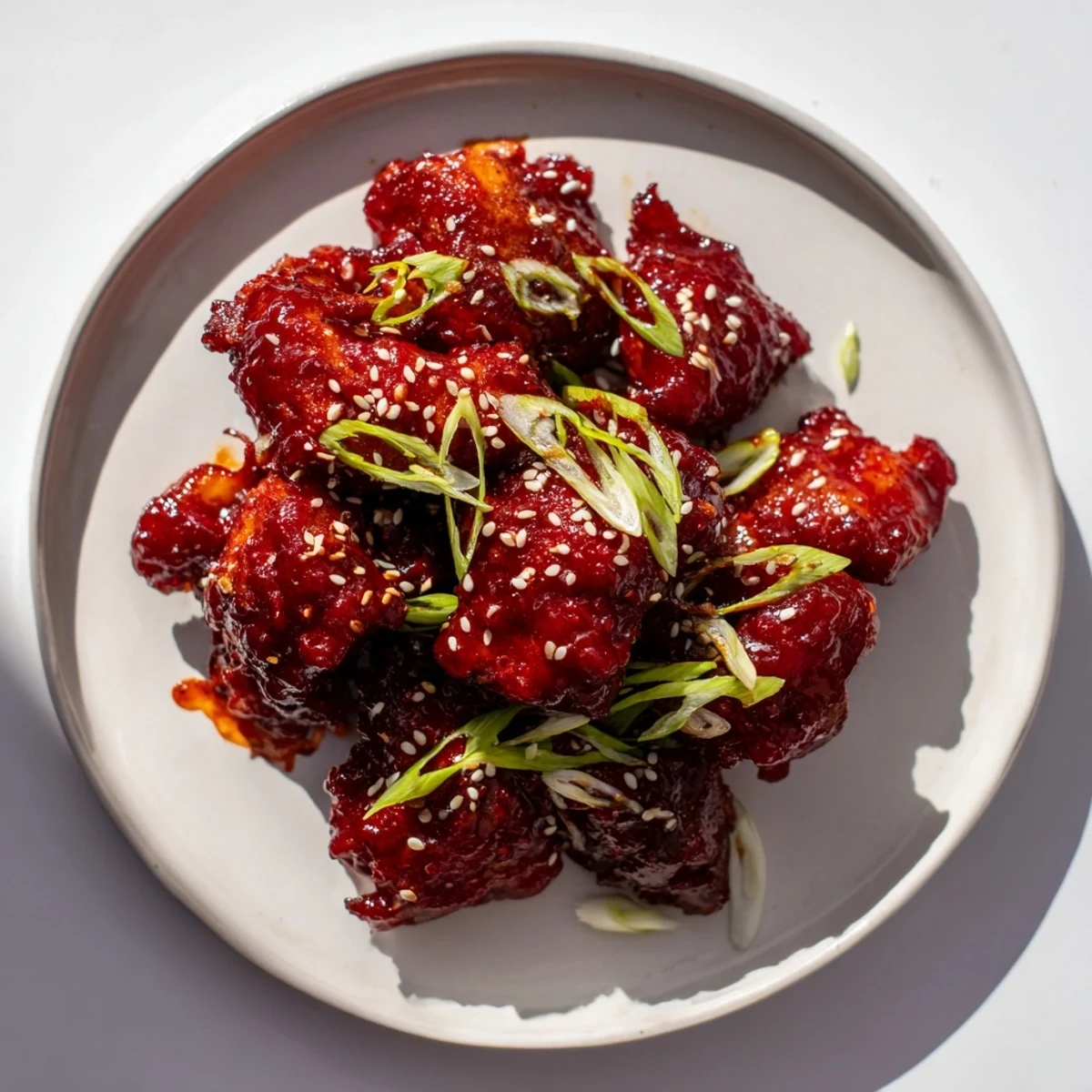 Savory sweet gochujang chicken served over steamed rice with chopped scall topping