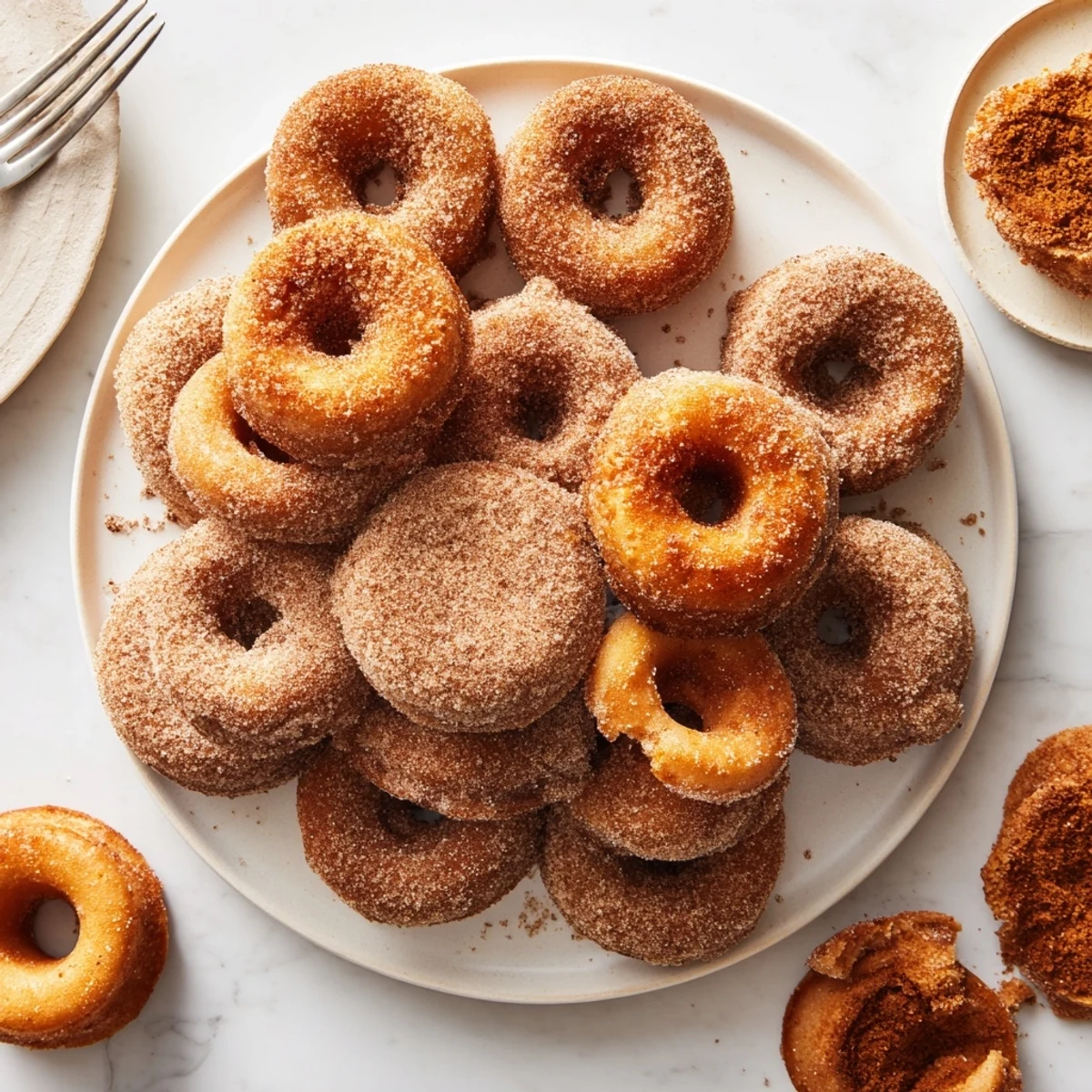 Golden pumpkin spice biscuit donuts coated in warm cinnamon sugar on a white plate