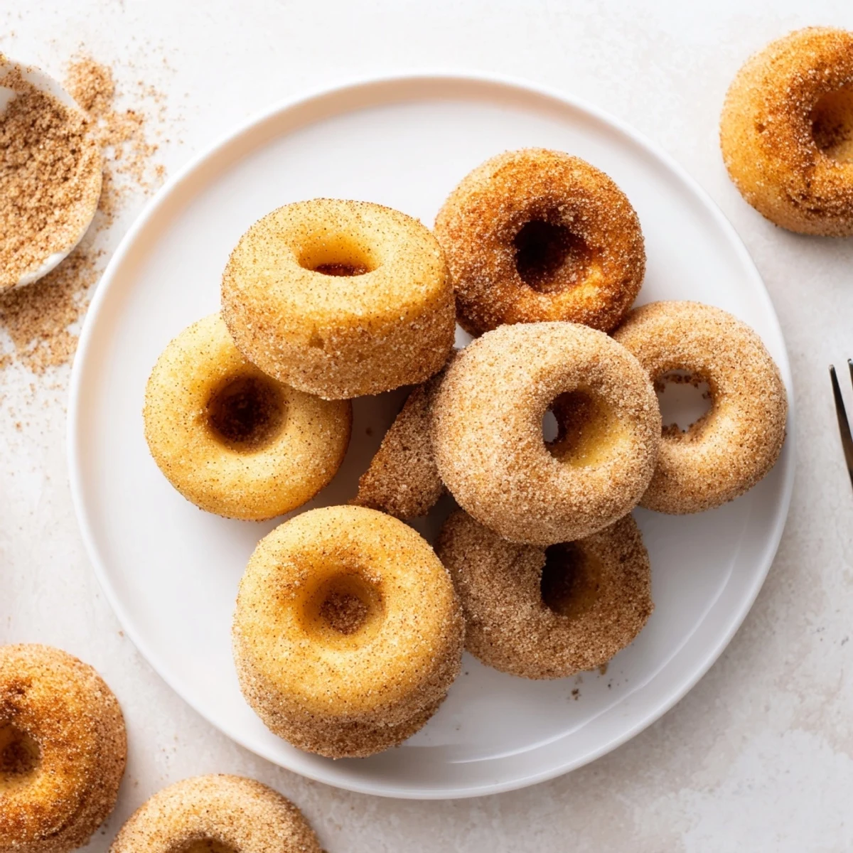 Soft fried donuts dusted with spiced sugar served with hot coffee for autumn breakfast