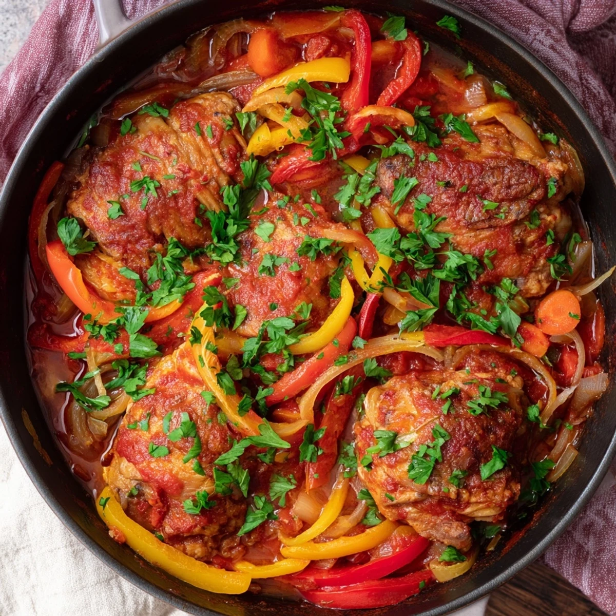 Golden brown chicken thighs simmering in rich tomato sauce with colorful vegetables and fresh parsley garnish