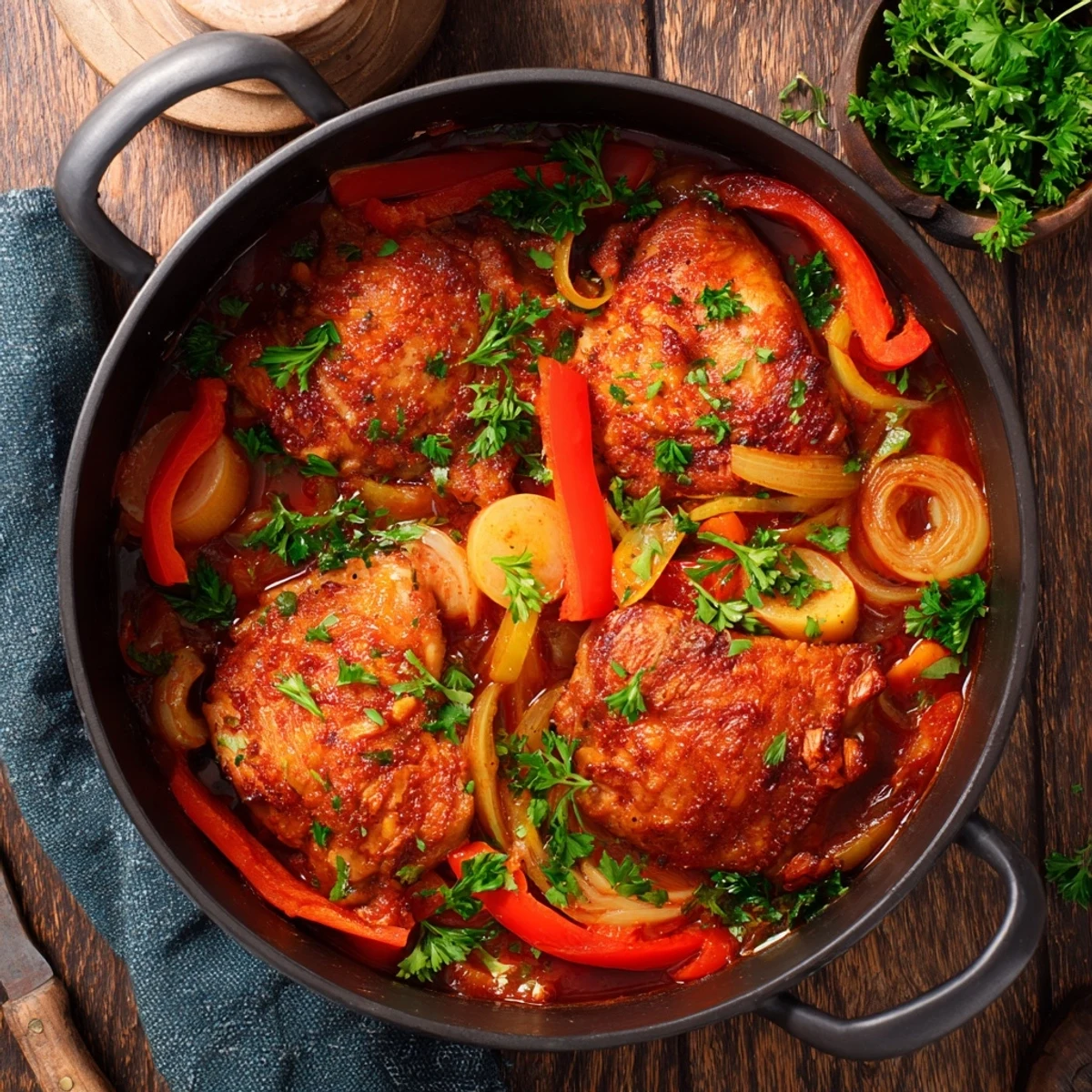 One pot Italian braised chicken with tender meat, vegetables, and herbs in a rustic red sauce